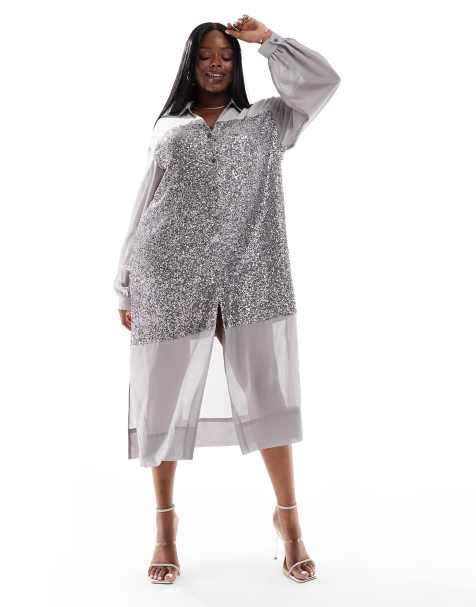 Never Fully Dressed Plus Lila sequin shirt midaxi dress in gunmetal - view 1