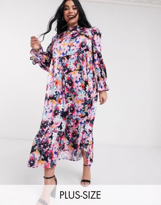 Never Fully Dressed Plus long sleeve fluted sleeve maxi dress in pink floral print-Multi - Never ...