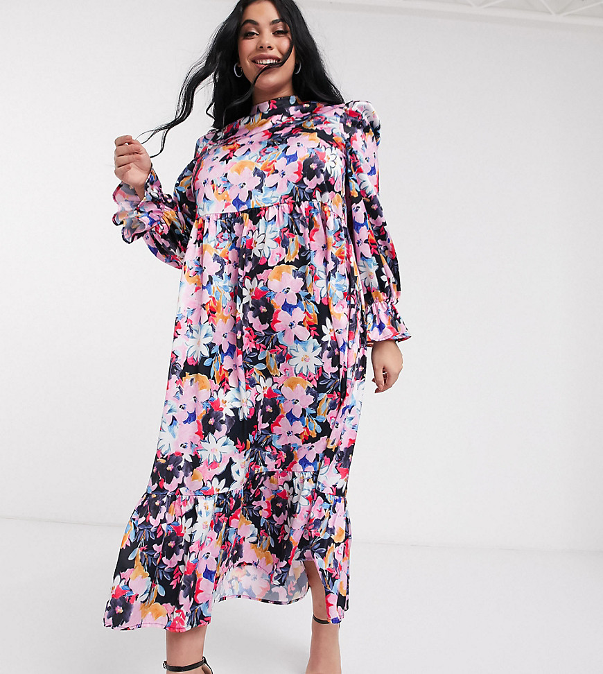 Never Fully Dressed Plus Long Sleeve Fluted Sleeve Maxi Dress In Pink Floral Print-multi