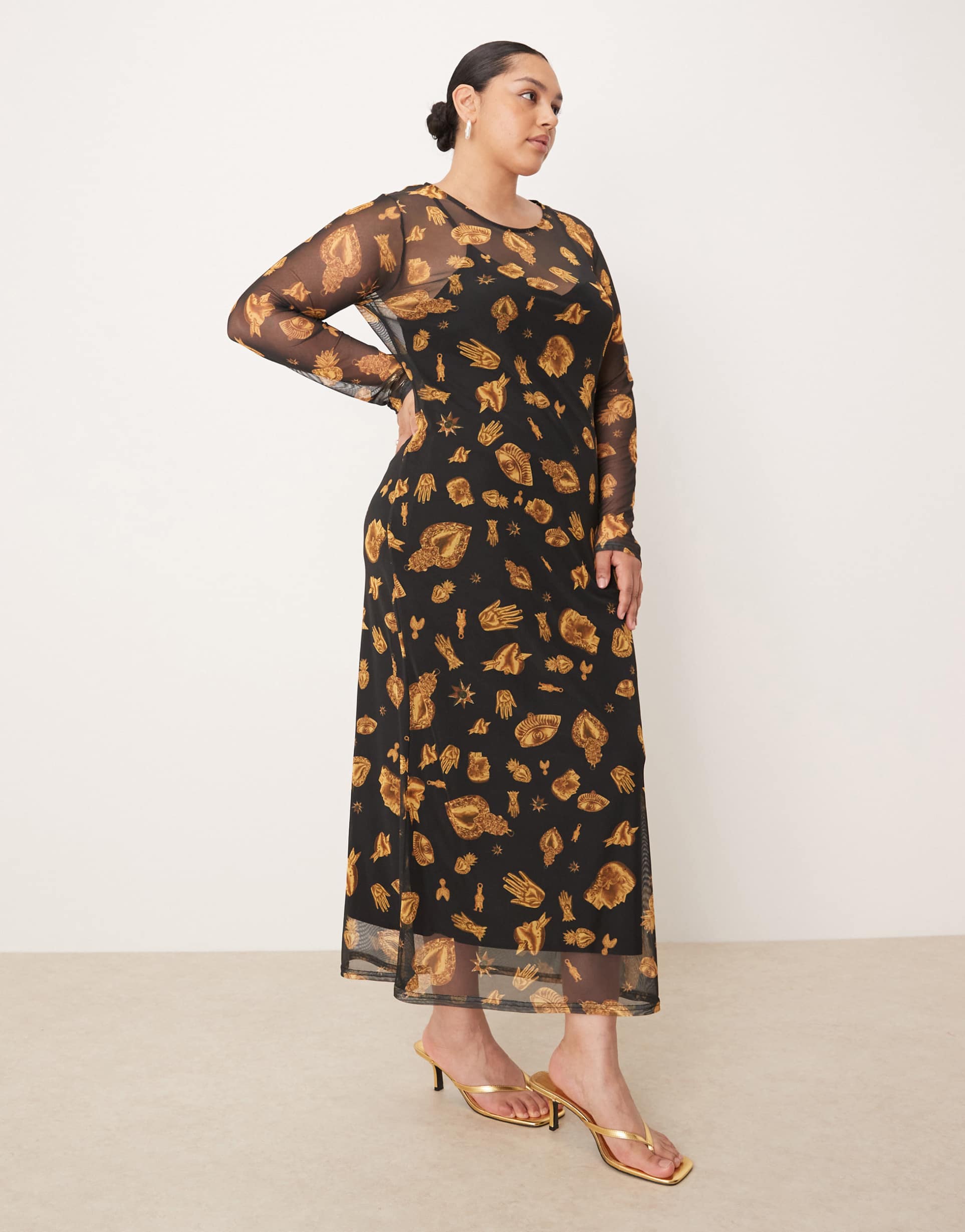 never fully dressed plus long sleeve mesh maxi dress in black and gold