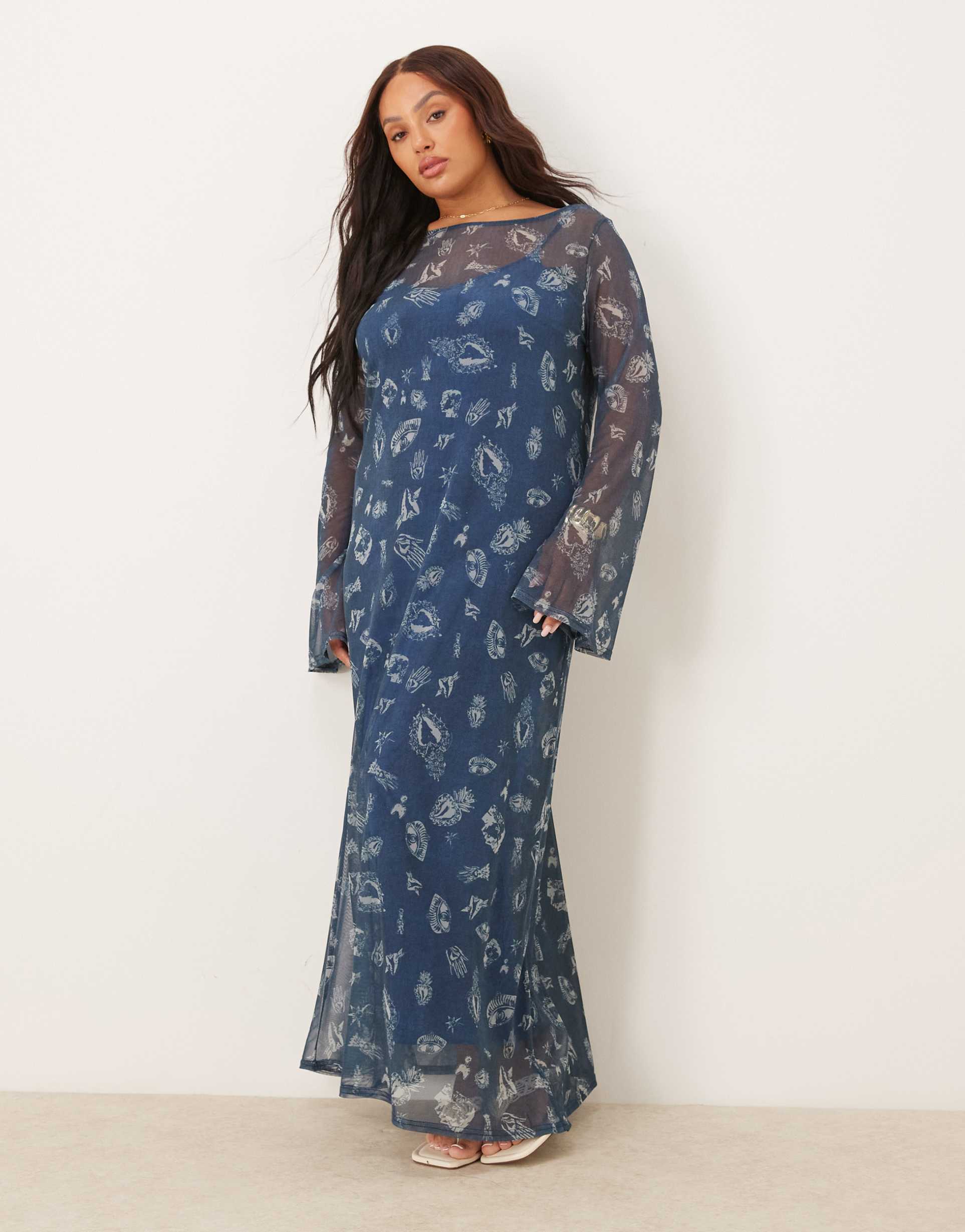 never fully dressed plus long sleeve mesh maxi dress in denim motif print
