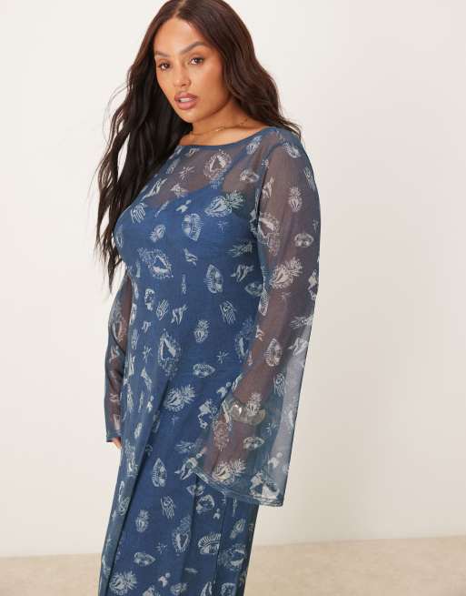 Never Fully Dressed Plus long sleeve mesh maxi dress in denim motif print, 2 of 4