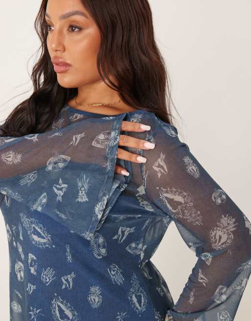 Never Fully Dressed Plus long sleeve mesh maxi dress in denim motif print, 3 of 4