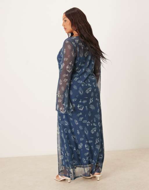 Never Fully Dressed Plus long sleeve mesh maxi dress in denim motif print |  ASOS