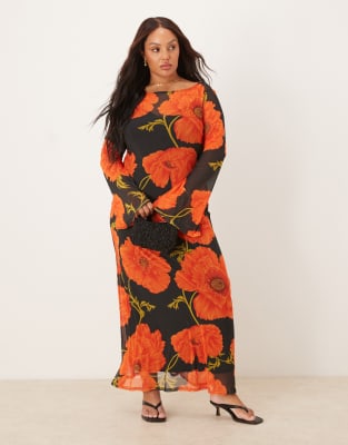 Never Fully Dressed Plus Never Fully Dressed Plus long sleeve mesh maxi dress in poppy print-Multi
