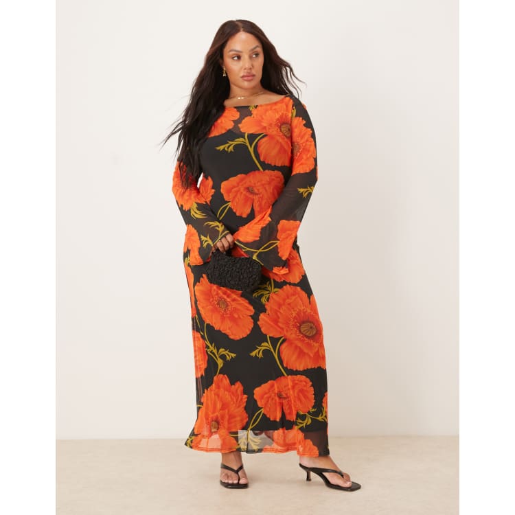 Never Fully Dressed Plus long sleeve mesh maxi dress in poppy print | ASOS