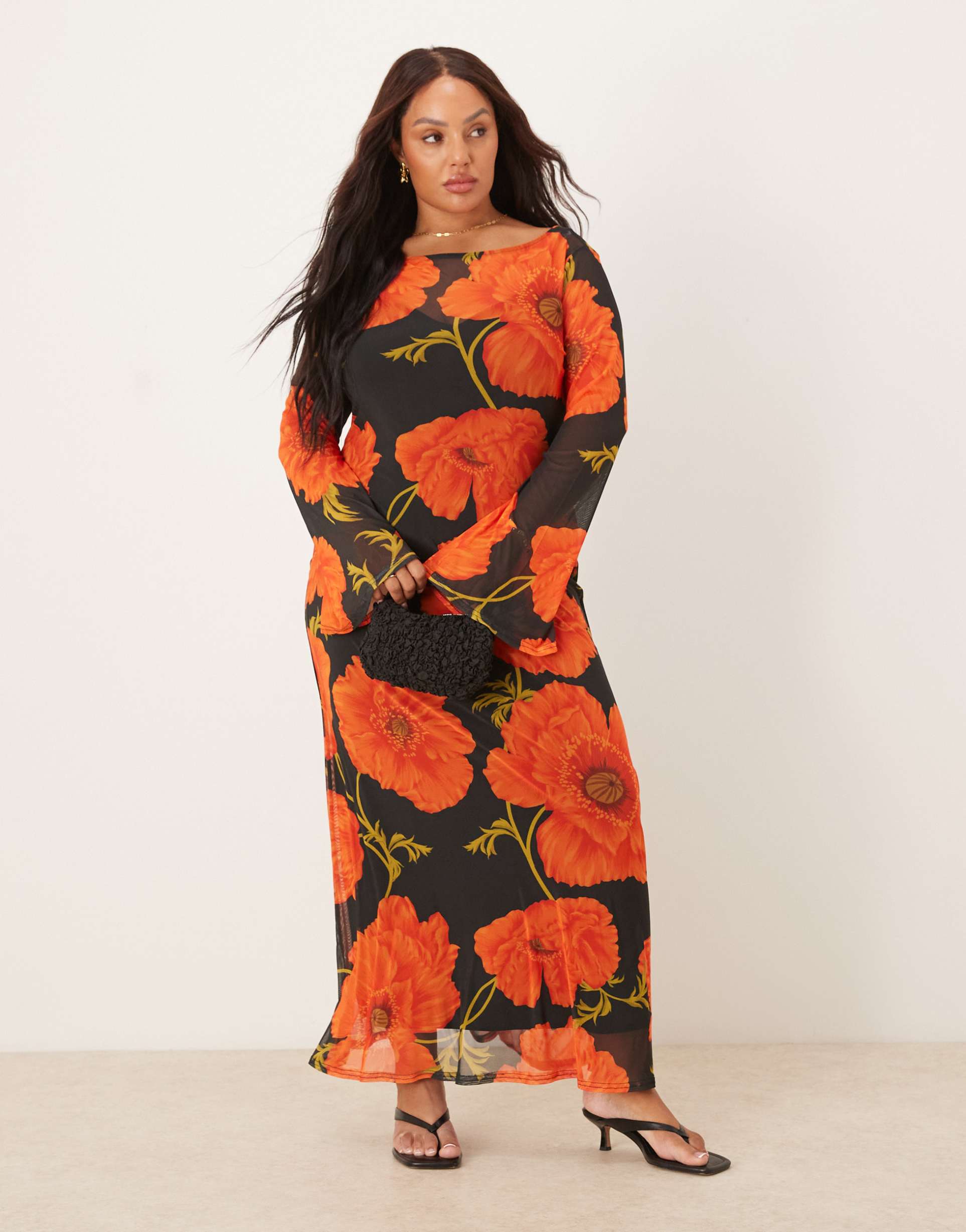 never fully dressed plus long sleeve mesh maxi dress in poppy print