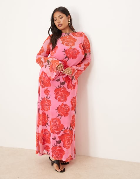 Never Fully Dressed Plus long sleeve mesh midaxi dress in pink and red rose - view 1