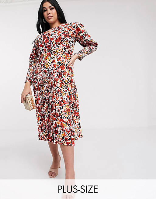 Never Fully Dressed Plus long sleeve pleated skirt maxi dress in orange floral print