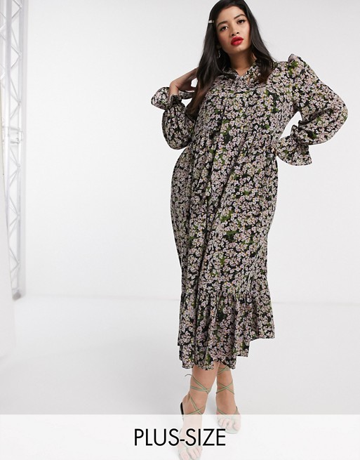 Never Fully Dressed Plus long sleeve trapeze maxi dress with neck tie in sage green floral