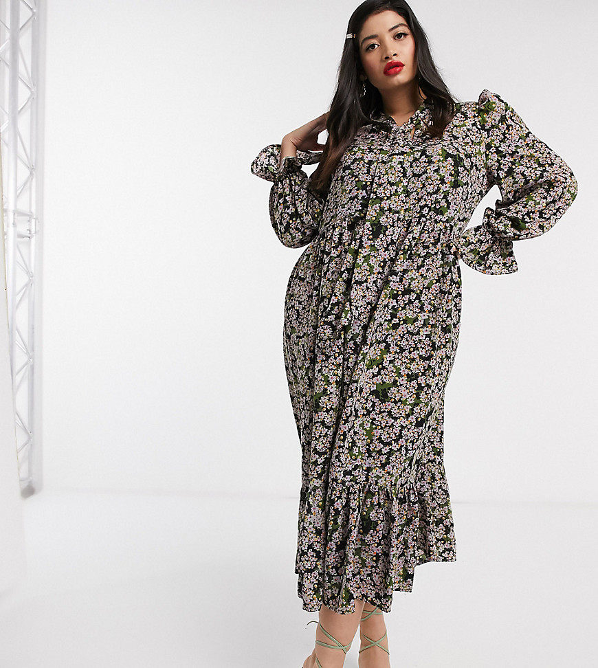 Never Fully Dressed Plus Long Sleeve Trapeze Maxi Dress With Neck Tie In Sage Green Floral-multi