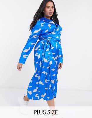 Never Fully Dressed Plus long sleeve wrap midi dress in cobalt bird print-Multi