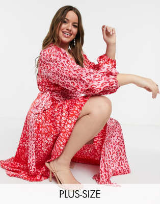 plus red printed satin long sleeve wrap dress