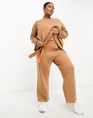 Never Fully Dressed Plus Love Knit Wide Leg Sweatpants In Camel - Part Of A Set-neutral