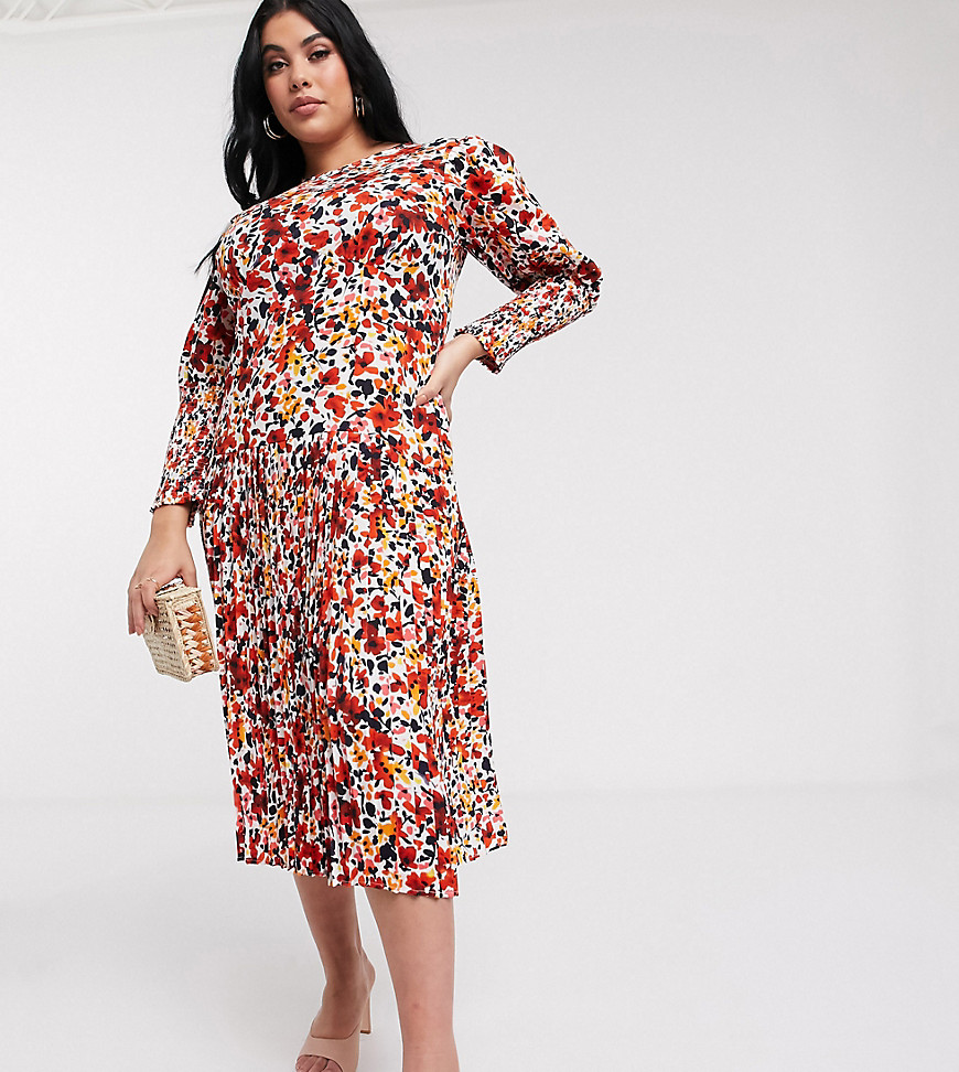 Never Fully Dressed Plus - Maxi-jurk met lange mouwen, geplooide rok en oranje bloemenprint-Multi