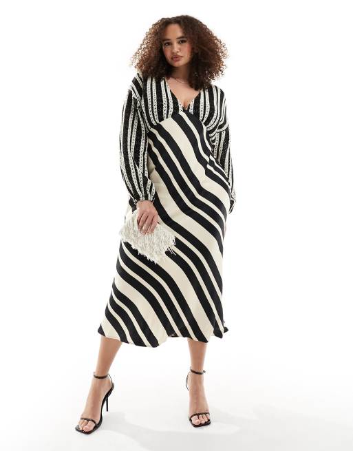 Never Fully Dressed Plus – Maxikleid mit schwarz-weißen Streifen, Ballonärmeln, Häkelteil