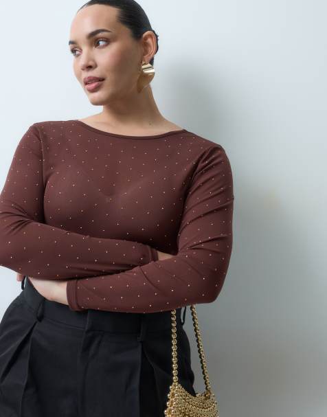Never Fully Dressed Plus mesh hot fix bodysuit in chocolate