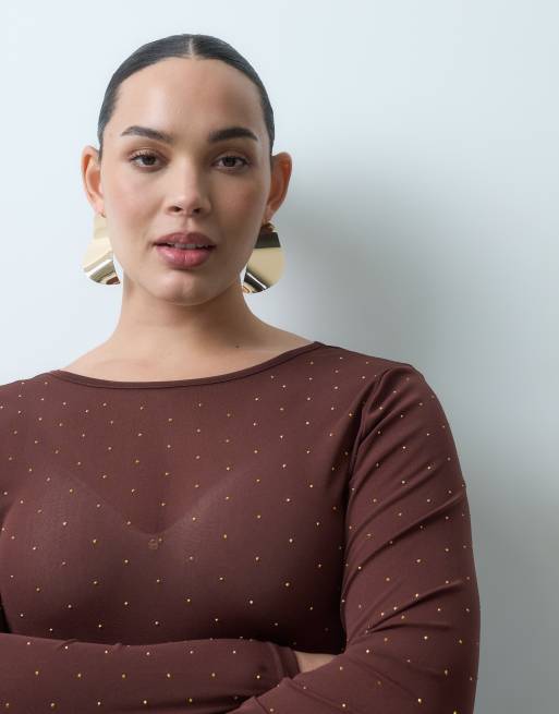 Never Fully Dressed Plus mesh hot fix bodysuit in chocolate, 5 of 5