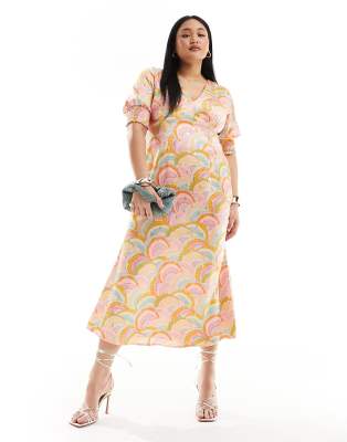 Never Fully Dressed Plus Never Fully Dressed Plus metallic puff sleeve midaxi dress in rainbow print-Multi