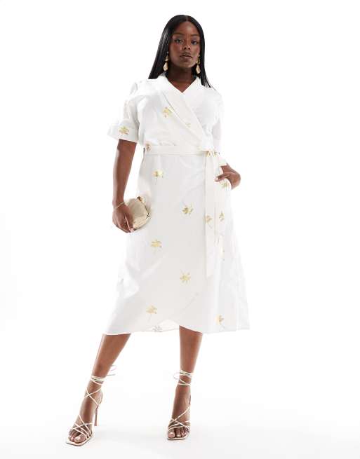 Never Fully Dressed Plus metallic wrap midi dress in ivory and gold