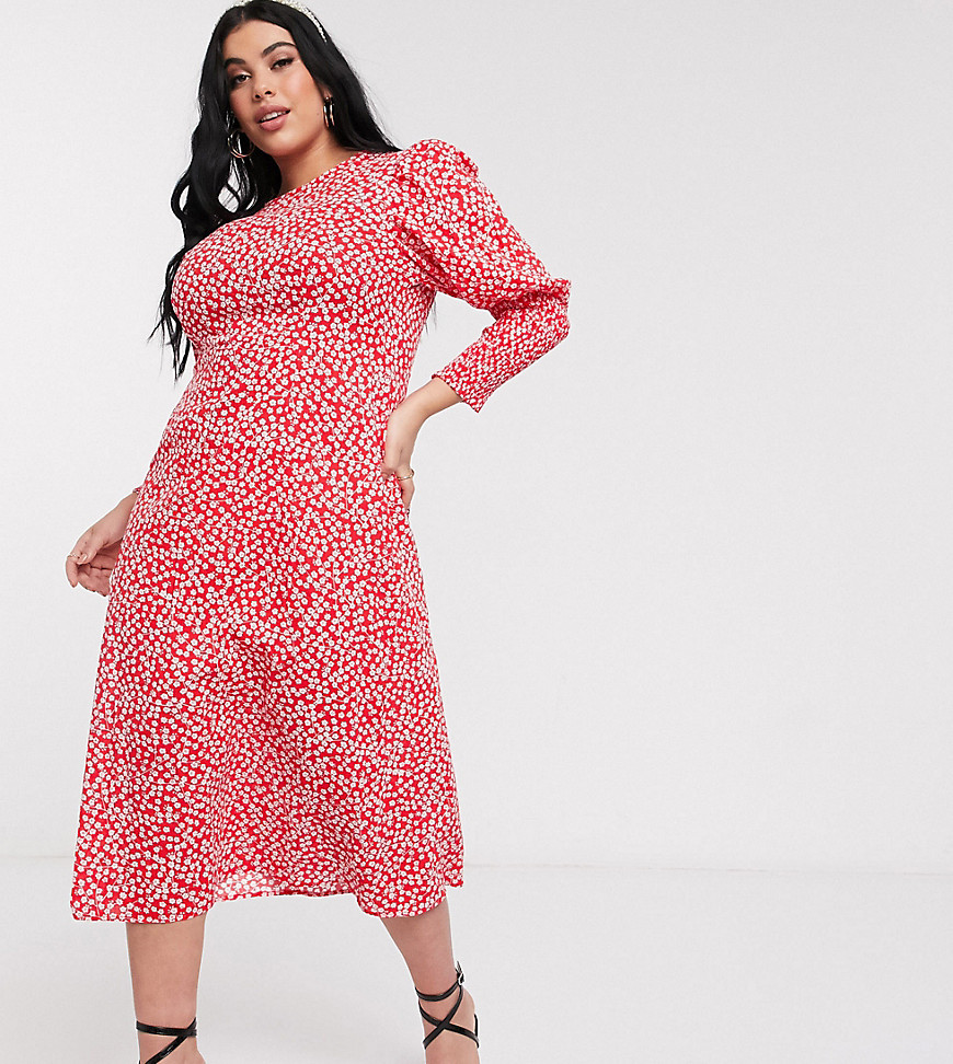 Never Fully Dressed Plus - Midaxi-jurk met lange mouwen in rood met bloemenprint