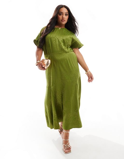 Never Fully Dressed Plus – Midaxi-Kleid aus Satin-Jacquard in Olivgrün