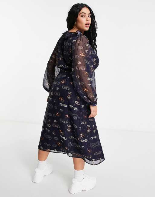 進化版 ネバーフリードレスド レディース ワンピース トップス Never Fully Dressed Midi Tea Dress With Ruffle Collar And Slits In Eye Print Eye Print さらに値下げ Www Pictoaplicaciones Com