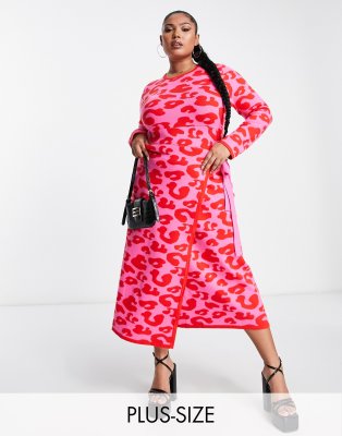 Never Fully Dressed Plus - Midi-Wickelkleid aus Strick mit Leopardenmuster in Rosa und Rot-Bunt