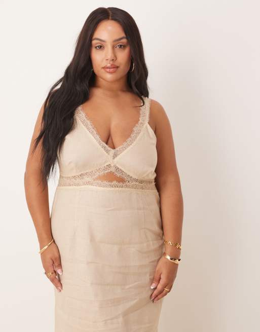 Never Fully Dressed Plus Mimi linen cut-out midaxi dress in oatmeal