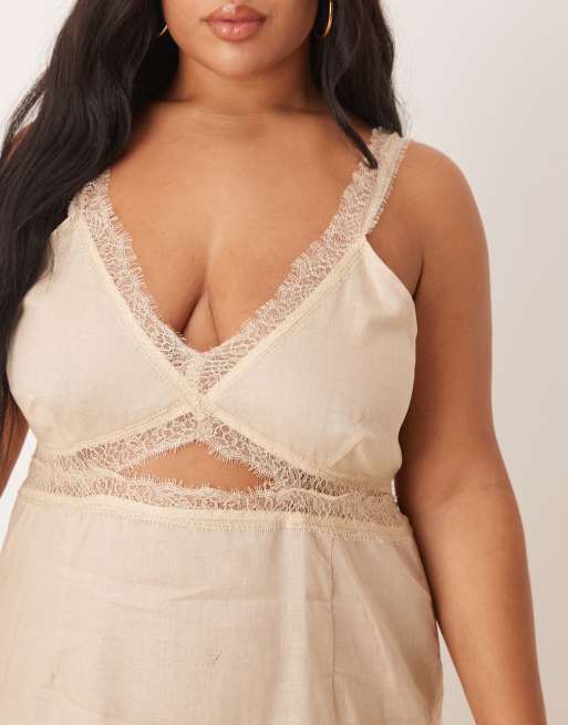 Never Fully Dressed Plus Mimi linen cut-out midaxi dress in oatmeal