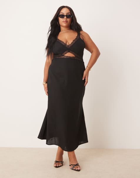 Never Fully Dressed Plus – Mimi – Svart midaxiklänning i linnetyg med utskurna detaljer - view 1