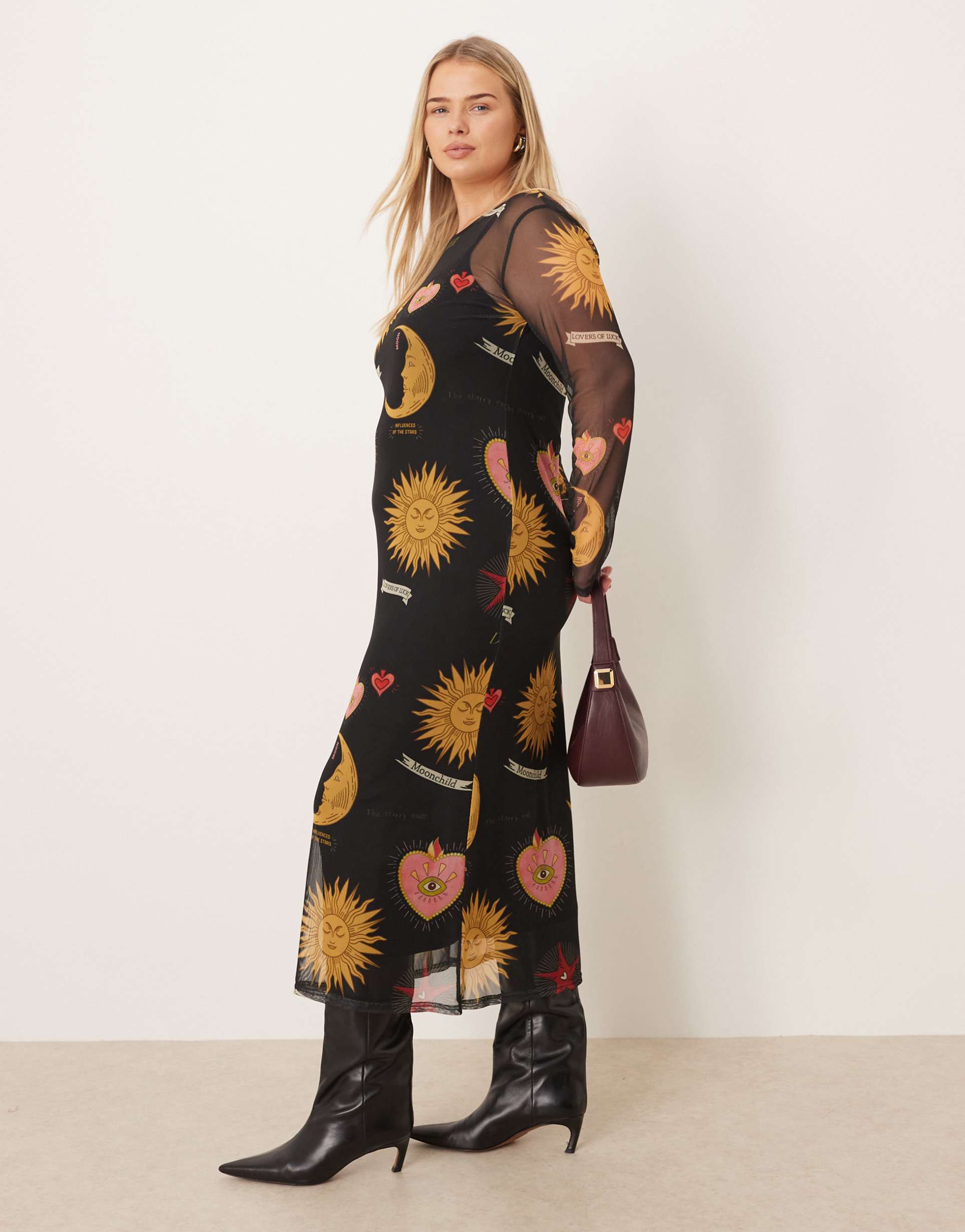 never fully dressed plus mystical print mesh maxi dress in black