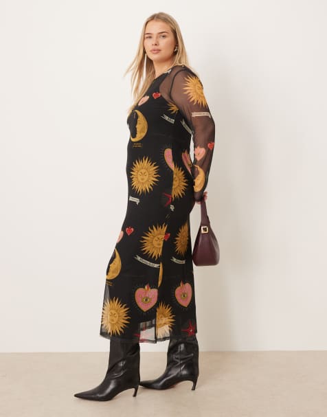 Never Fully Dressed Plus mystical print mesh maxi dress in black