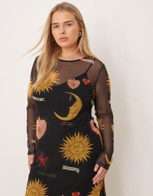 Never Fully Dressed Plus Mystical Print Mesh Maxi Dress In Black