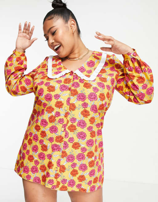 Never Fully Dressed Plus oversized collar mini dress in yellow floral, 2 of 4