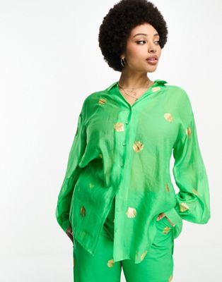 Never Fully Dressed Plus oversized shirt co-ord in green metallic shell - ASOS Price Checker