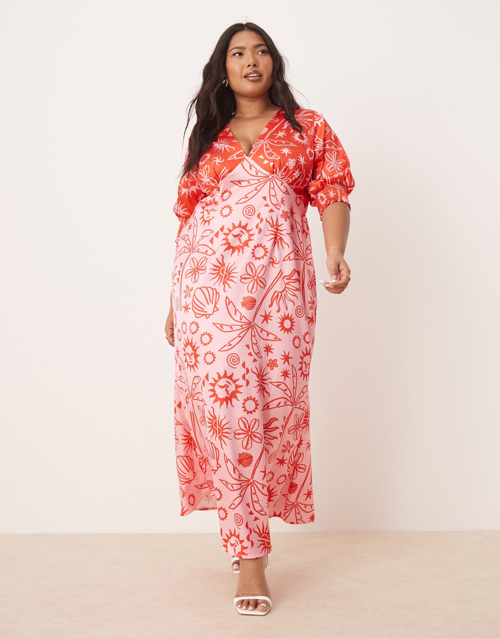 never fully dressed plus palm print contrast midaxi dress in red and pink