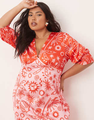 Never Fully Dressed Plus Palm Print Contrast Midaxi Dress In Pink