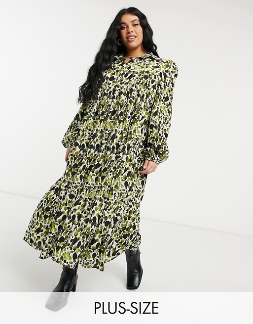 Never Fully Dressed Plus tiered smock shirt midi dress in green smudge print