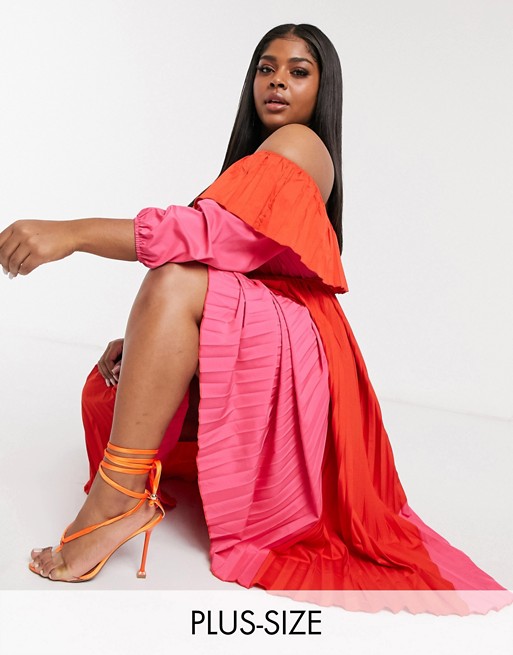Never Fully Dressed Plus pleated off shoulder contrast dress in pink and red | ASOS
