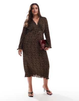 plisse midaxi dress in leopard print-Brown