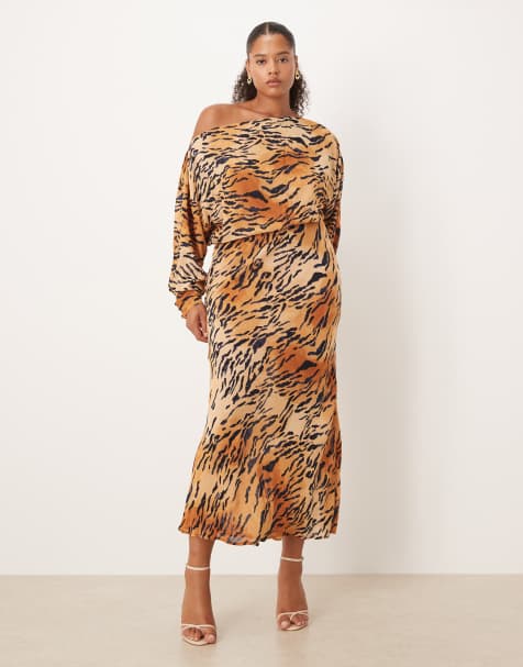 Never Fully Dressed Plus plisse off shoulder maxi dress in tiger print