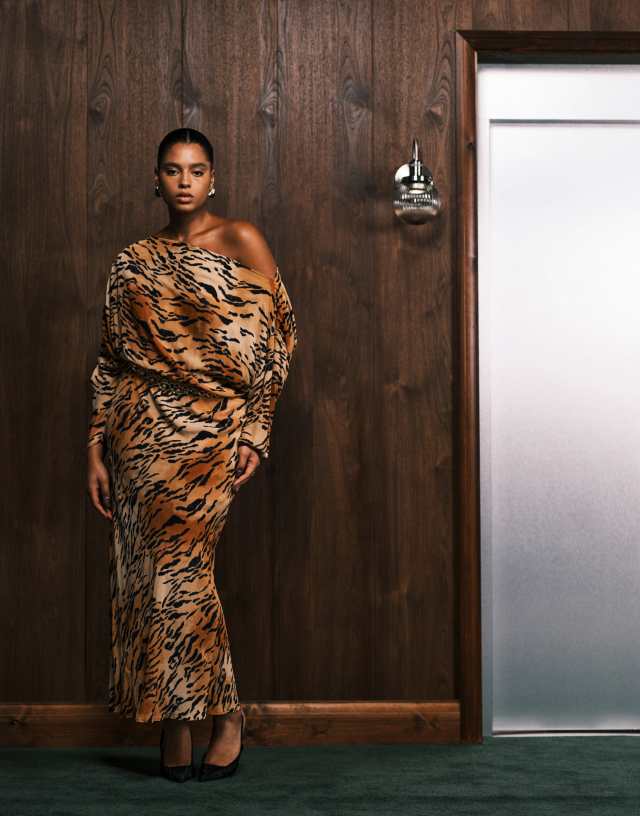 brown tiger print dress Never Fully Dressed Plus plisse off-shoulder maxi in The Knockout Dress is