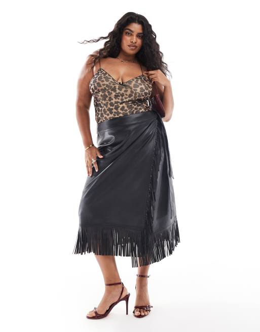 Never Fully Dressed Plus PU fringe midaxi skirt in black