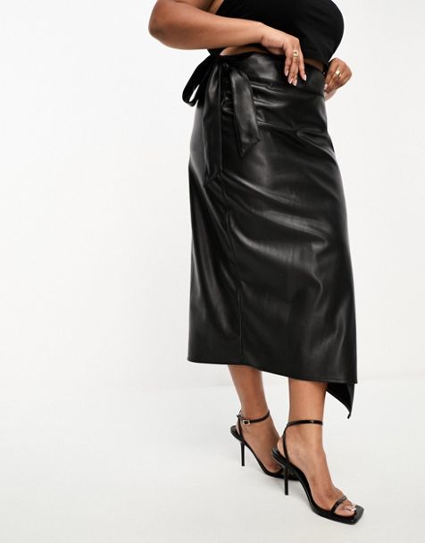ASOS DESIGN Curve faux leather belted midi skirt with zip detail in black