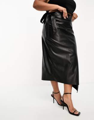 Never Fully Dressed Plus PU Wrap Midi Skirt in Black