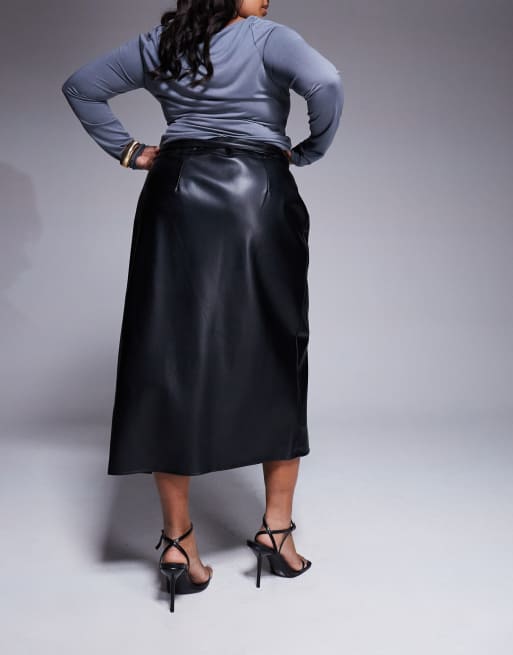 Never Fully Dressed Plus PU wrap midi skirt in black | ASOS