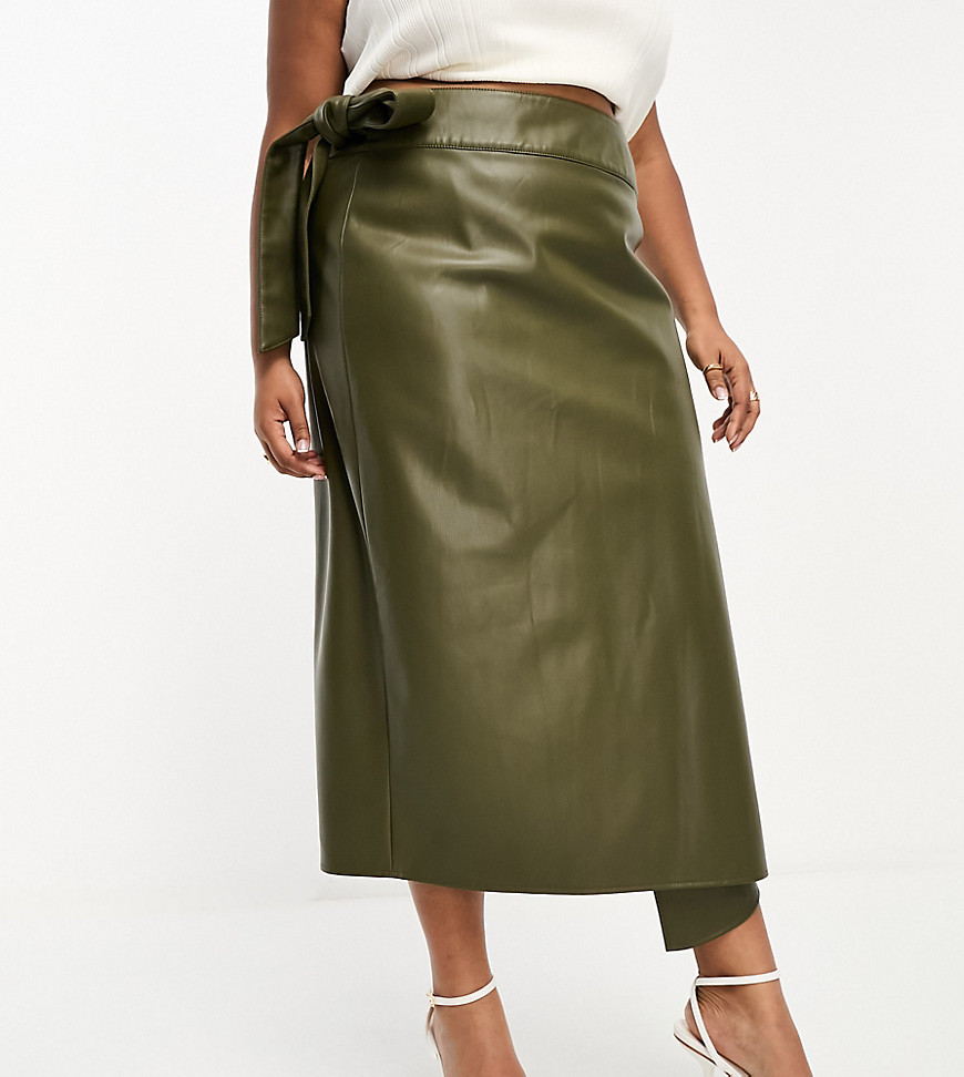 Never Fully Dressed Plus PU wrap midi skirt in khaki-Green