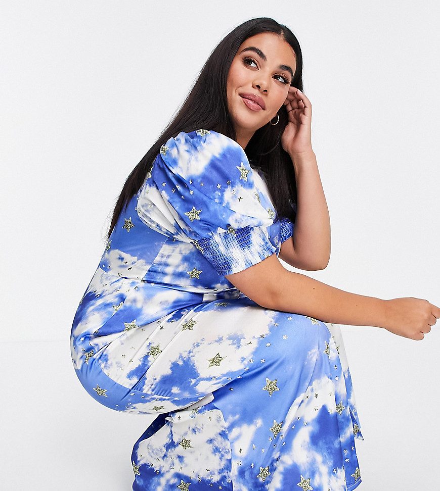 Never Fully Dressed Plus puff sleeve button midi dress in gold star blue sky print-Blues