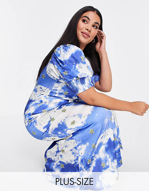Never Fully Dressed Plus puff sleeve button midi dress in gold star blue sky print